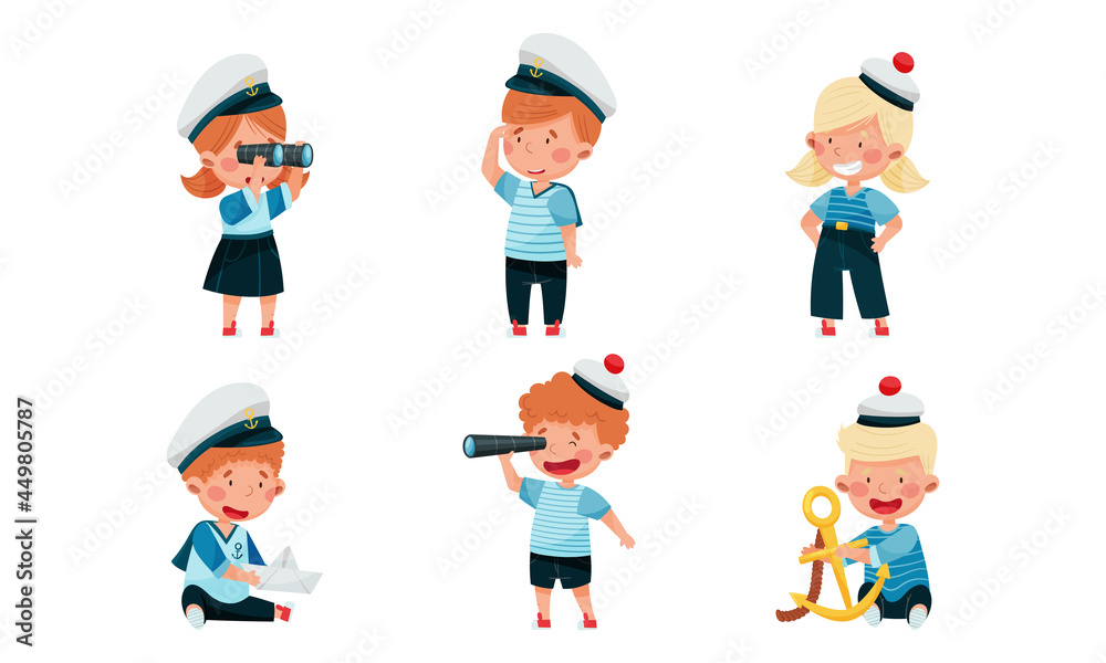 Little Children in Mariner Costume and Forage Cap or Peakless Hat Playing Sailor Vector Illustration Set