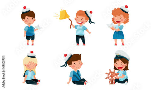 Little Children in Mariner Costume and Forage Cap or Peakless Hat Playing Sailor Vector Illustration Set