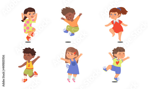 Boy and Girl Character Jumping with Joy and Excitement Vector Illustration Set