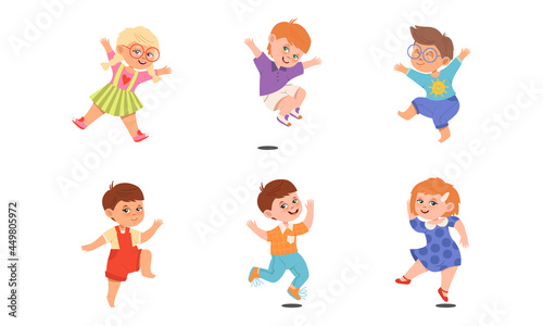 Boy and Girl Character Jumping with Joy and Excitement Vector Illustration Set