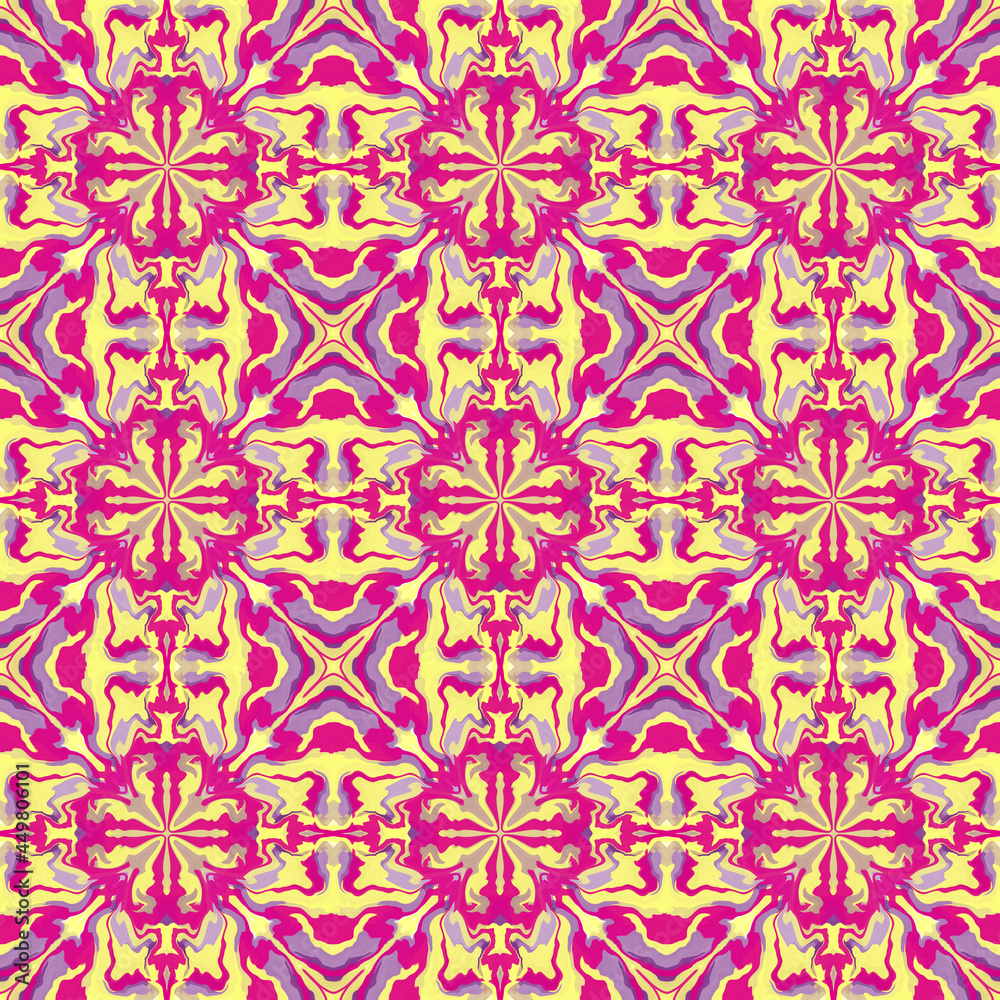 Abstract kaleidoscope background. Colorful seamless patterns. Geometric design elements. Repeat Tie Dye. Ethnic Persian Motif. Rainbow wallpaper, fabric, furniture print. Psychedelic style.