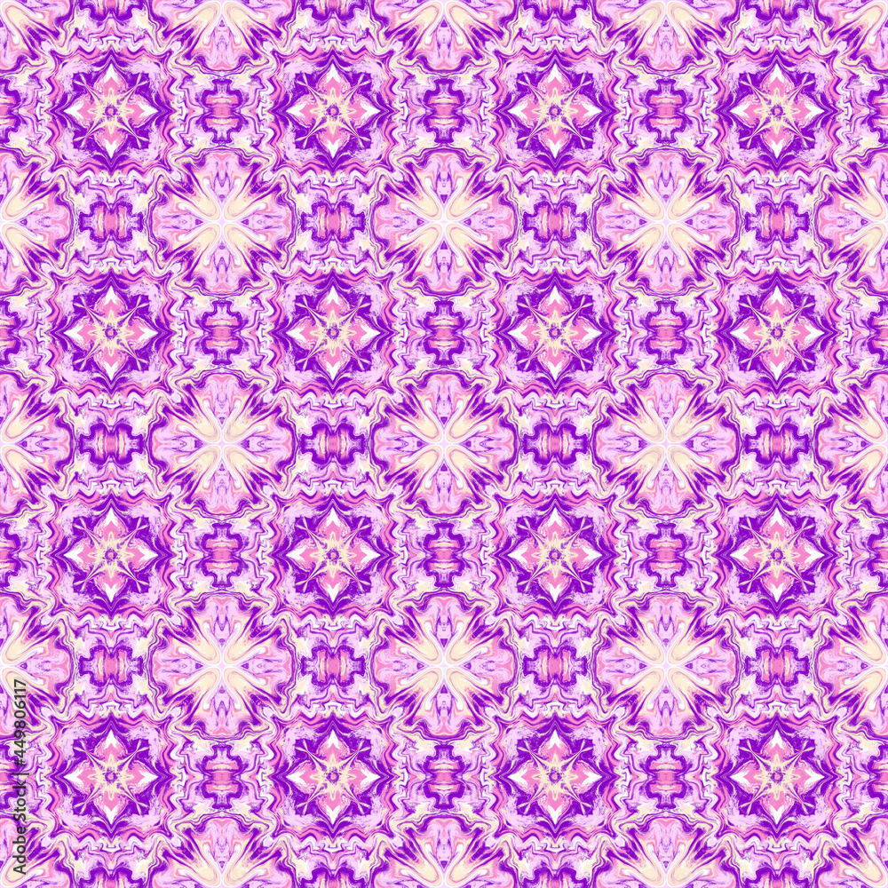 Abstract kaleidoscope background. Colorful seamless patterns. Geometric design elements. Repeat Tie Dye. Ethnic Persian Motif. Rainbow wallpaper, fabric, furniture print. Psychedelic style.