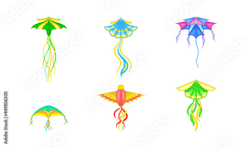 Colorful Kite as Tethered Craft with Wing Surfaces and Tail Vector Set