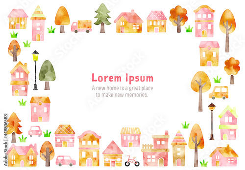 watercolor vector hand drawn houses illustration: decoration frame for card, orange and pink