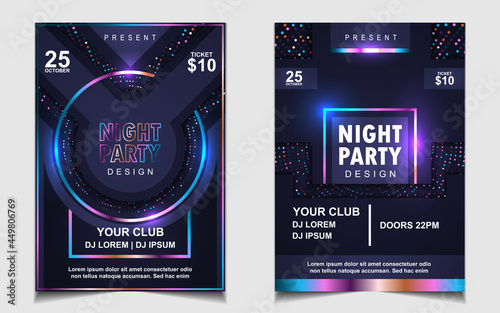 Night dance party music layout cover design template background with colorful dark blue glitters style. Light electro vector for music event concert disco, club invitation, festival poster, flyer