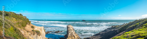 Muriwai Gannet Colony, on the west coast of the Auckland, New Zealand. black sand surf beach and surrounding area is popular for locals and tourists. Gannets nest there in a large colony on the rocks photo