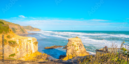 Muriwai Gannet Colony, on the west coast of the Auckland, New Zealand. black sand surf beach and surrounding area is popular for locals and tourists. Gannets nest there in a large colony on the rocks