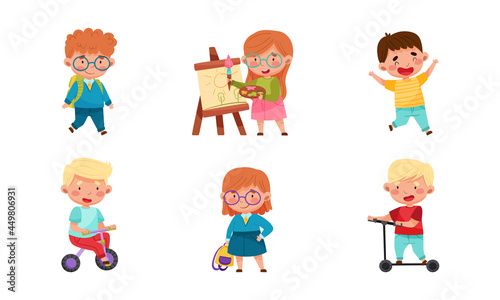 Cute Little Boy and Girl Having Fun Riding Scooter and Drawing with Paints Vector Set