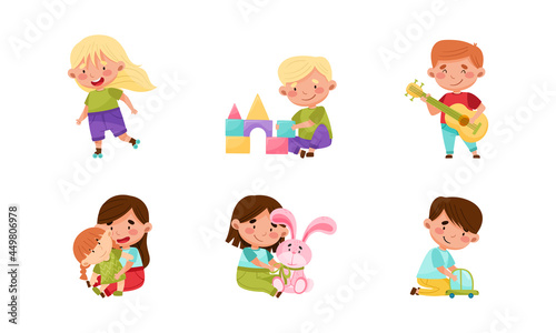 Cute Little Boy and Girl Having Fun Roller Skating and Playing with Toys Vector Set