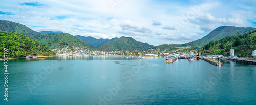 scenery from Cook strait ferry seeing the coast of Picton, the famous port town of South Island of New Zealand photo