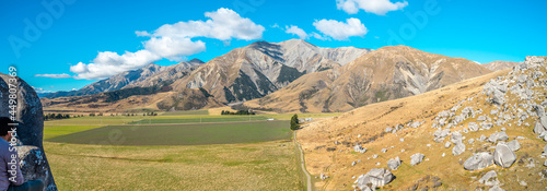 Scenic of Castle Hill Peak from Kura Tawhiti / Castle Hill Conservation Area which can see the State Highway 73 route between Darfield and Arthur's Pass. Area is located in south island of New Zealand