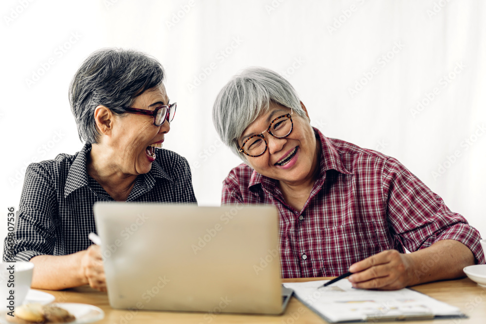 Portrait of two friend happy senior adult elderly asia women smiling and working with laptop computer at home.Retirement concept Portrait of two friend happy senior adult elderly asia women smiling and working with laptop computer at home.Retirement concept