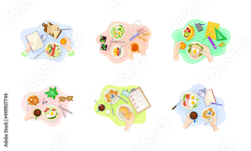 Hands Having Breakfast Above Table View with Meal on Plate Vector Set