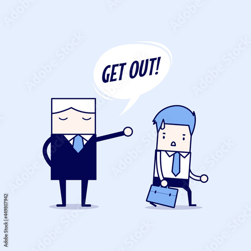 Angry boss firing employee. Layoff concept. Cartoon character thin line style vector.