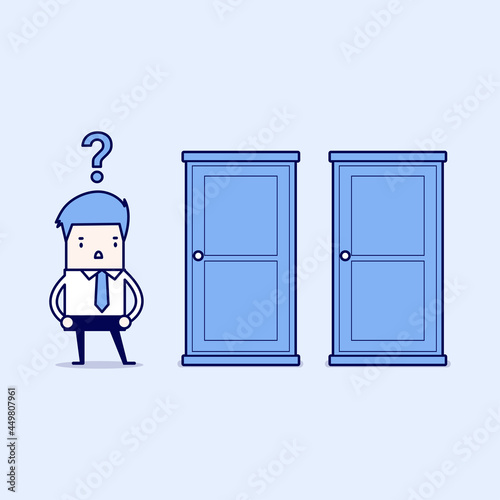 Businessman standing beside two doors, unable to make the right decision concept with question marks above his head.