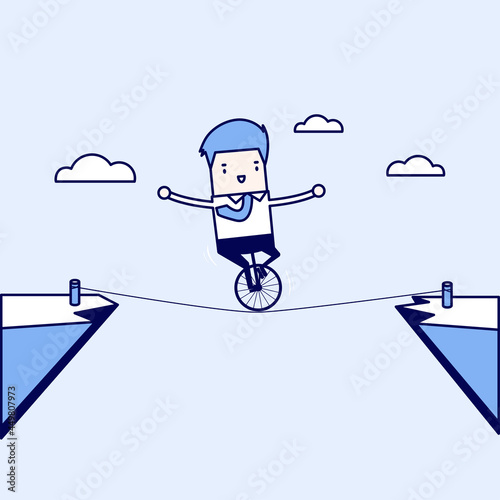 Businessman balancing on the rope. Cartoon character thin line style vector.