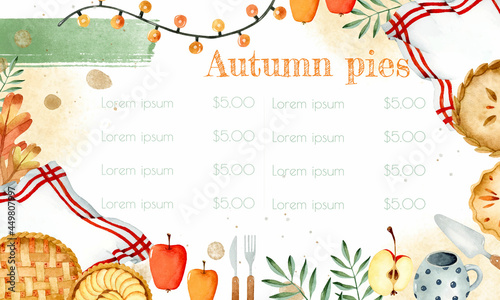 Autumn pies special menu watercolor template