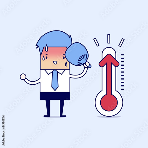 Businessman very hot because increased temperature. Cartoon character thin line style vector.