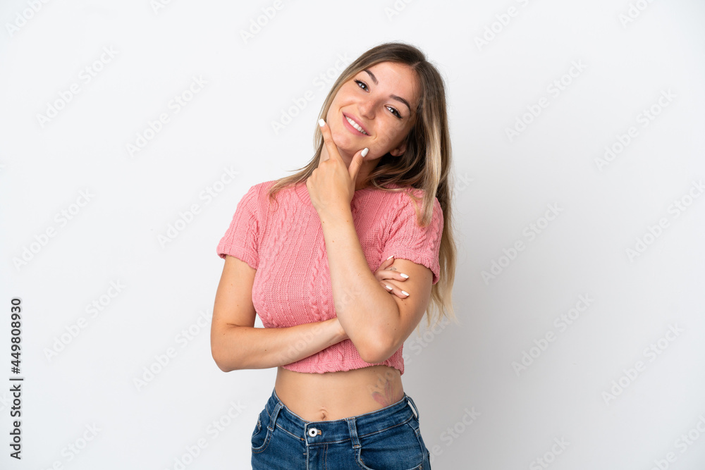 Young Romanian woman isolated on white background happy and smiling Young Romanian woman isolated on white background happy and smiling