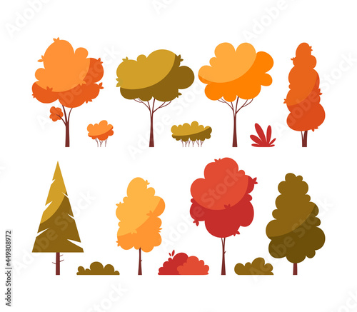 Set of autumn trees and bushes isolated on white