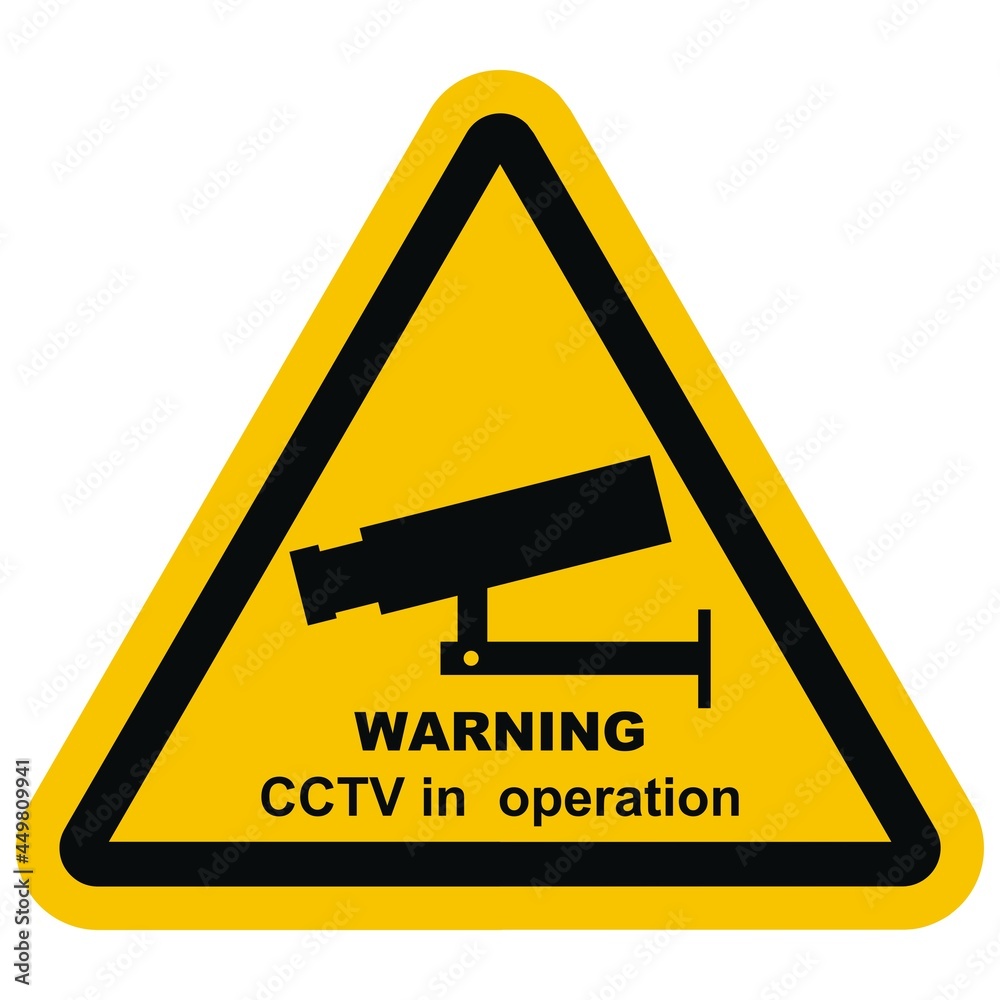 CCTV camera, black sign with text warning CCTV in operation, triangle yelow frame, isolated object, vector icon CCTV camera, black sign with text warning CCTV in operation, triangle yelow frame, isolated object, vector icon