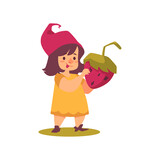 Cute tale funny cartoon girl gnome with strawberry in hands a vector illustration