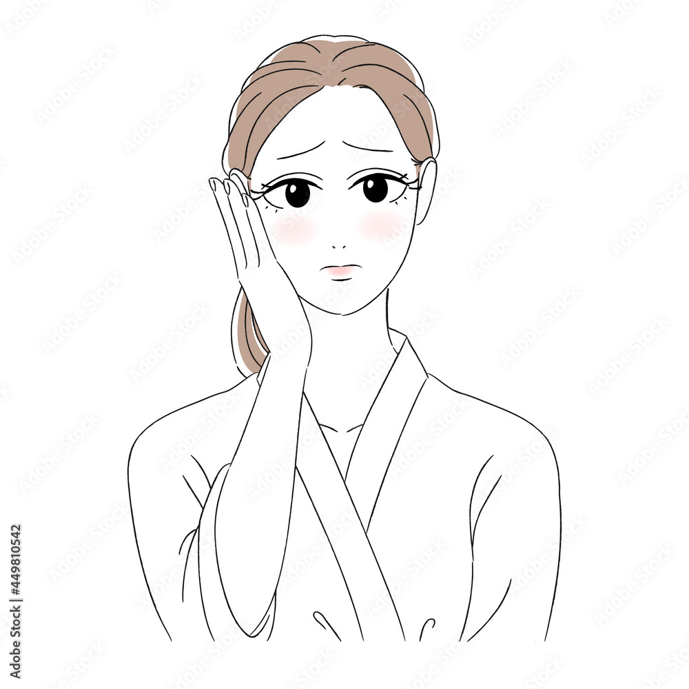 女性　美肌　肌トラブル　美容　スキンケア　悩む顔　困り顔　バスローブ
