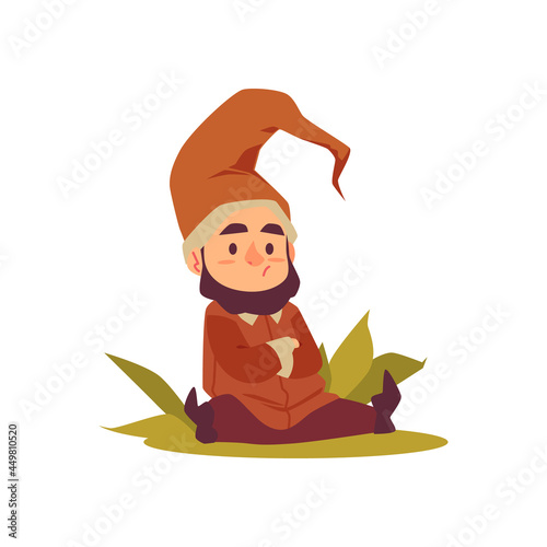 Dwarf or gnome with confused or amused face expression flat vector illustration.
