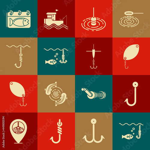 Set Fishing hook under water with fish, spoon, float, Calendar and and icon. Vector