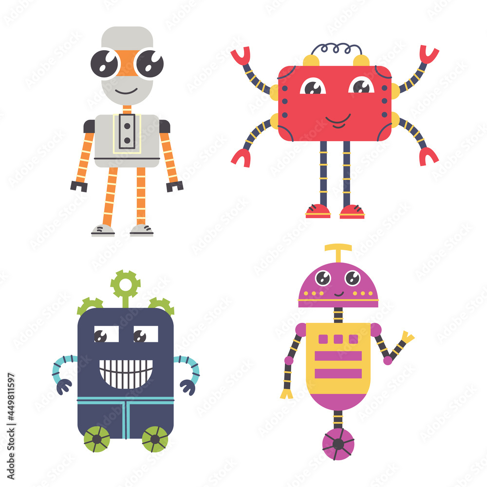 Set happy Cute childish robot characters, kid cyborgs, android,  toy electric humanoid. Flat Cartoon isolated on  white background