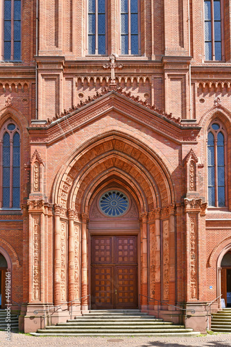 Wiesbaden, Germany - July 2021: Main entrance of neo-Gothic protestant church called 'Marktkirche'