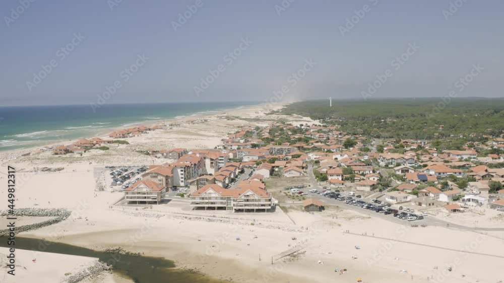 Drone Aerial views of the beach city Vieux-Bocau-les-Bains in the south of France. Lac Marin and Port d'Albret are famous travel destinations at the french atlantic coast and in the aquitaine region. Drone Aerial views of the beach city Vieux-Bocau-les-Bains in the south of France. Lac Marin and Port d'Albret are famous travel destinations at the french atlantic coast and in the aquitaine region.