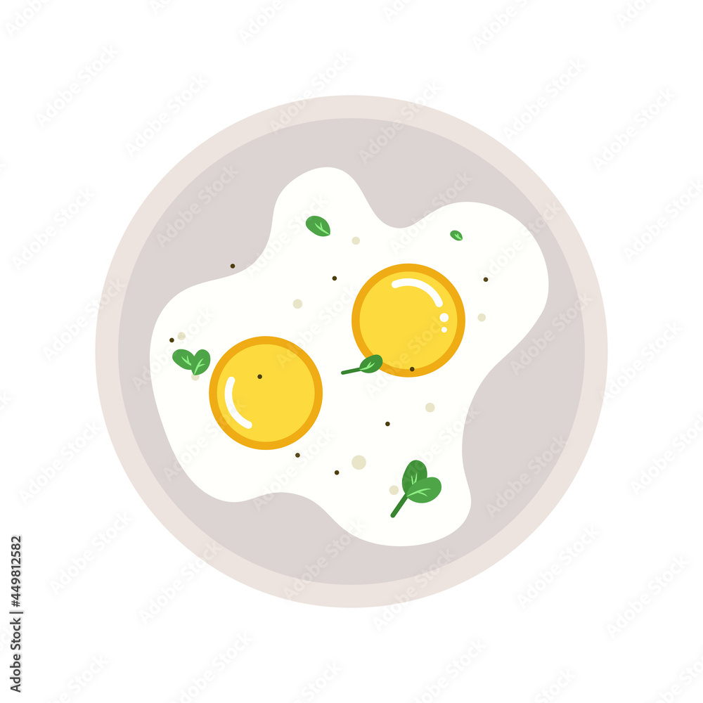 Fried eggs in a pan with tomates and greens flat style isolated on white background. Breakfast elements vector sign symbol