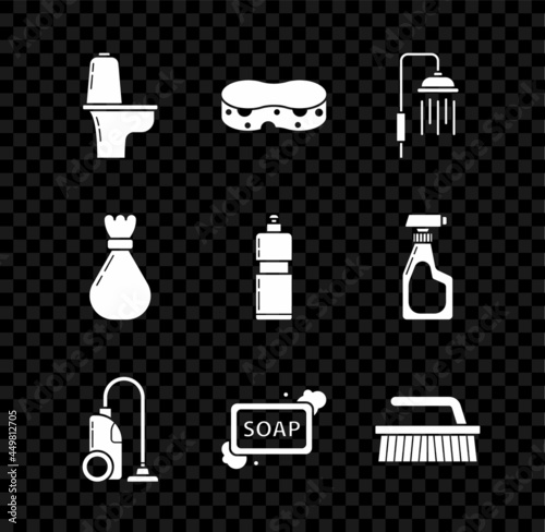 Set Toilet bowl, Sponge, Shower head with water drops flowing, Vacuum cleaner, Bar of soap foam, Brush for cleaning, Garbage bag and Plastic bottles liquid dishwashing liquid icon. Vector