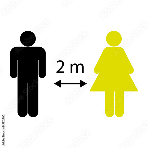 Social distancing set of icons. Simple man or woman black and white silhouettes with arrow distance between. Can be used during coronavirus covid-19 outbreak prevention