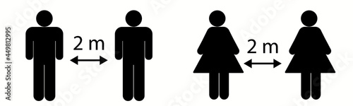 Social distancing 2m meter 6 feet distance infographic warning sign or sticker. Vector design ready for edit, print and use in shops and offices during the coronavirus covid-19 quarantine pandemic.