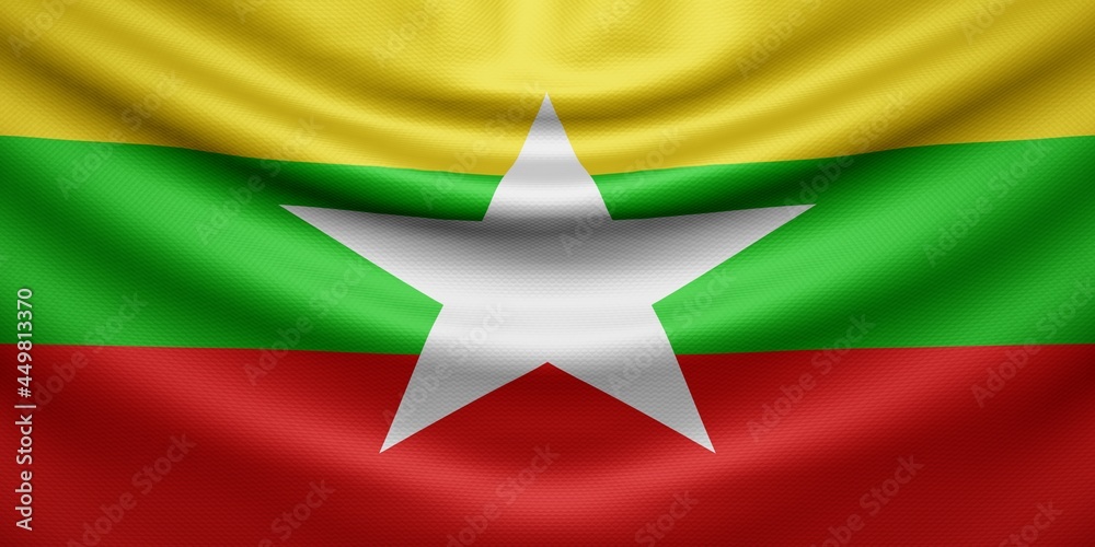Hanging wavy national flag of Myanmar with texture. 3d render. Hanging wavy national flag of Myanmar with texture. 3d render.