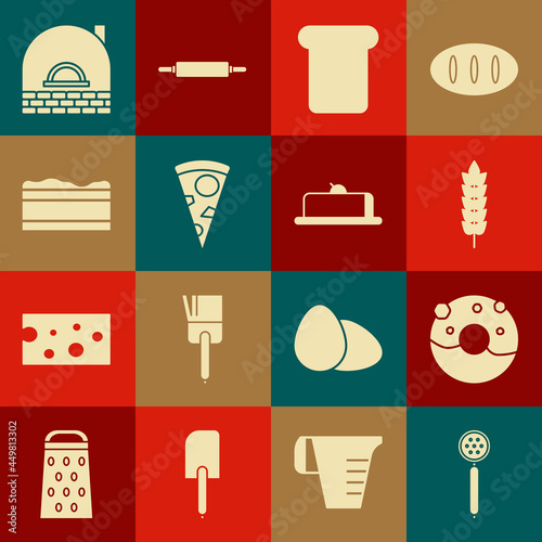 Set Strainer spoon, Donut with sweet glaze, Cereals rice, wheat, corn, oats, rye, Bread toast, Slice of pizza, Brownie chocolate cake, Brick stove and Strawberry cheesecake slice icon. Vector