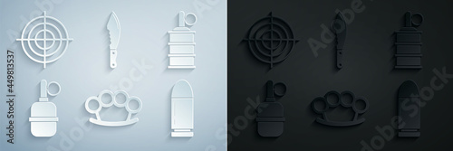 Set Brass knuckles, Hand grenade, Bullet, Military knife and Target sport for shooting competition icon. Vector