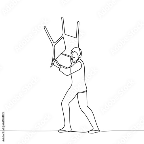 man waves a chair to throw or hit someone with it - one line drawing. defense or attack concept, aggressive person commits violence, domestic violence, victim is being protected, mentally unhealthy