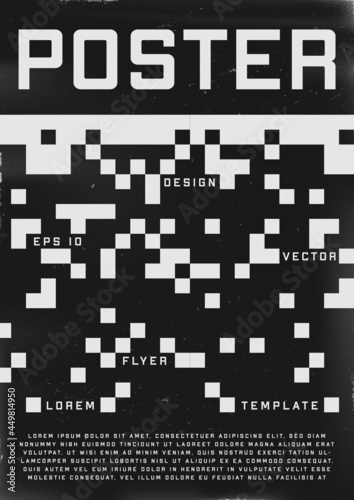 Retrofuturistic poster design. Cyberpunk 80s style poster with pixel 8 bit pattern. Shabby scratched flyer template for your design. Vector