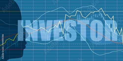Double exposure portrait of young man and financial market chart. Investor word