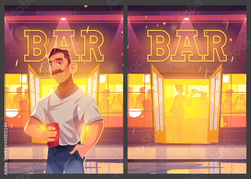 Bar recreation cartoon poster. Man with cup at pub