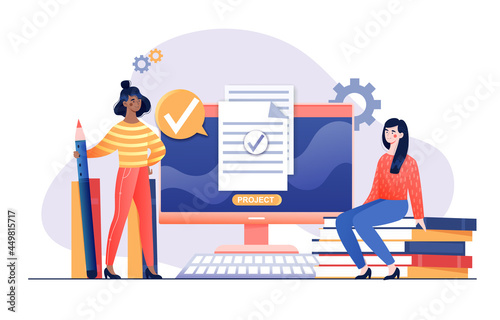 Students pass exam, get passing score, graduate from university, team complete project. Flat cartoon abstract metaphor illustration vector concept design isolated on white background