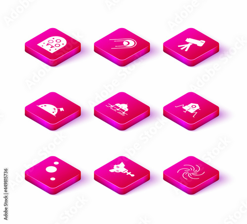 Set Solar system, Ray gun, Planet with flag, Mars rover, Black hole, Telescope and Satellite icon. Vector