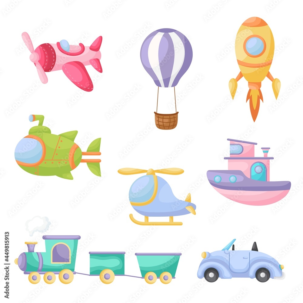 Collection of cute cartoon transport. Set of vehicles for design of kids rooms, clothing, album, card, baby shower, birthday invitation, house interior. Bright colored childish vector illustration. Collection of cute cartoon transport. Set of vehicles for design of kids rooms, clothing, album, card, baby shower, birthday invitation, house interior. Bright colored childish vector illustration.