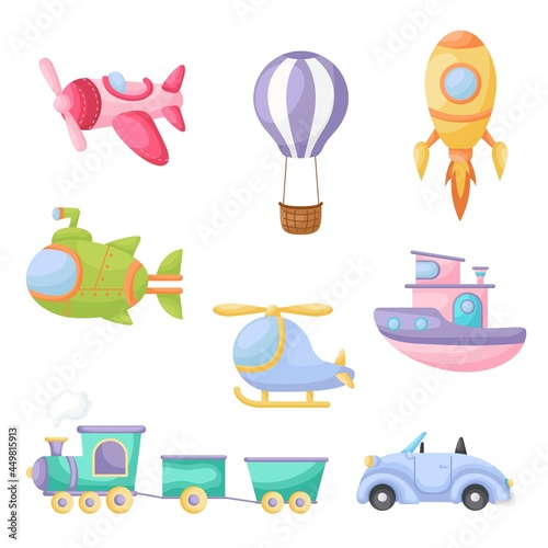 Collection of cute cartoon transport. Set of vehicles for design of kids rooms, clothing, album, card, baby shower, birthday invitation, house interior. Bright colored childish vector illustration.
