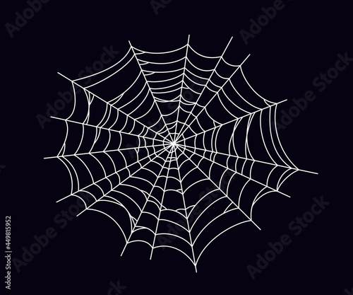 Round scary spider web. White cobweb silhouette isolated on black background. Hand drawn spider web for Halloween party. Vector illustration.