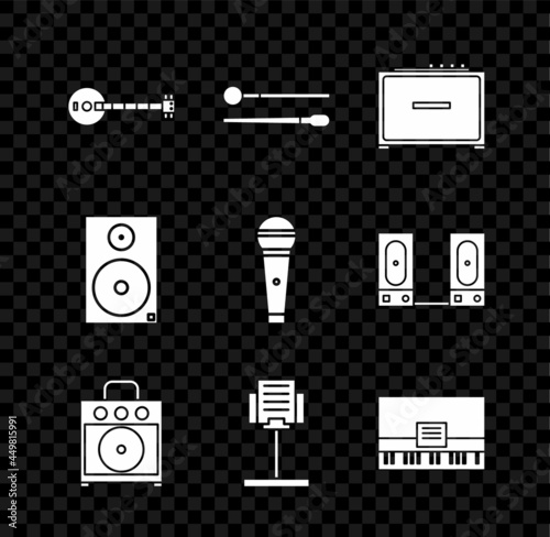 Set Banjo, Drum sticks, Guitar amplifier, Music stand, Piano, Stereo speaker and Microphone icon. Vector