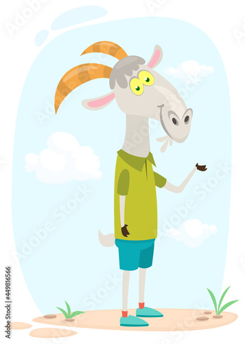 Cartoon funny and happy goat standing on the summer meadow. Vector illustration